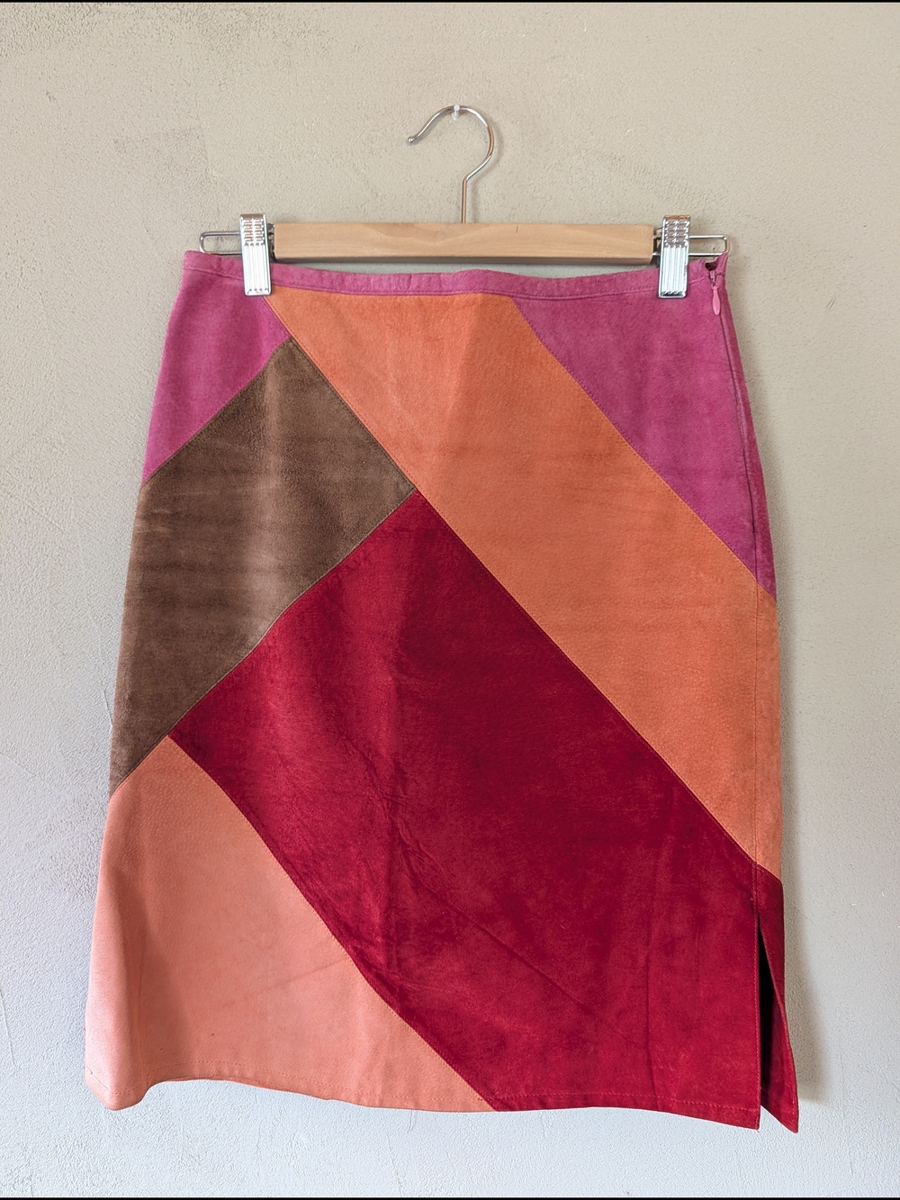 William B. Multi-Color Suede Patchwork Pencil Skirt - Pink/Red/Brown